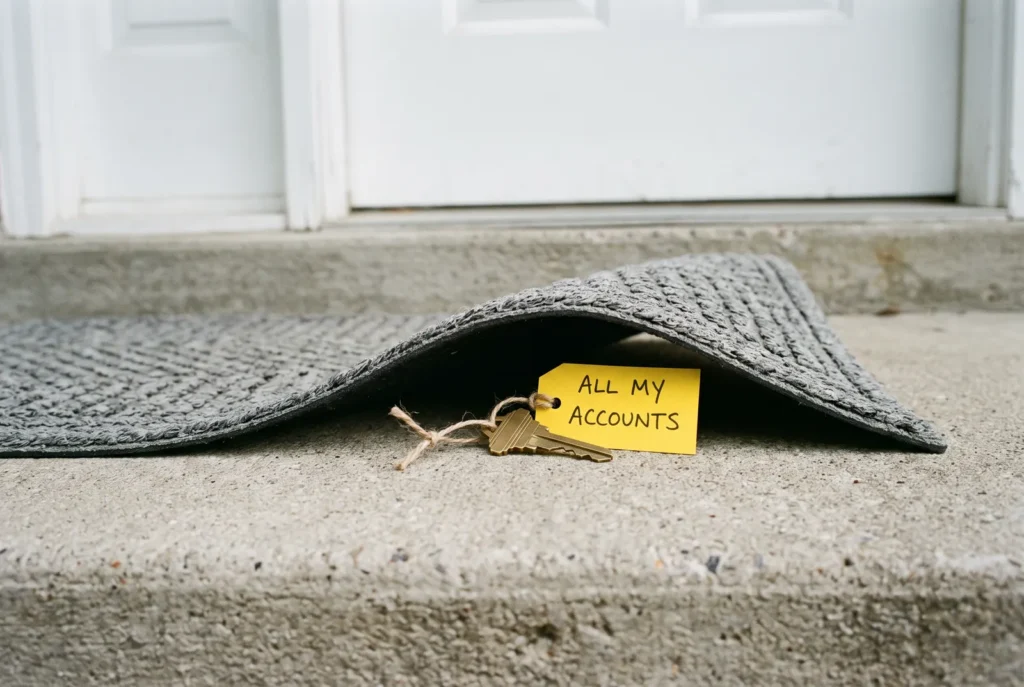 A house key with a yellow tag that says ALL MY ACCOUNTS, hidden under a doormat