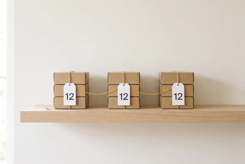Three stacks of boxes on a shelf, each tagged with the same number 12 and linked by a yellow string