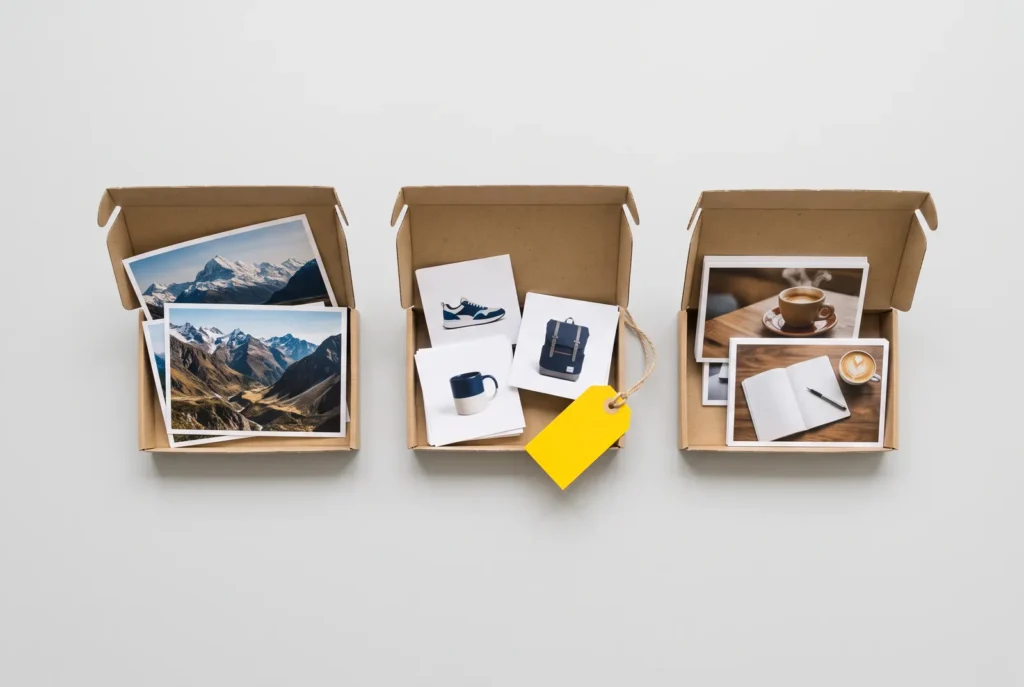 Three open boxes of photos: large mountain landscape prints, small product photos of a sneaker, mug and backpack, and blog photos of coffee and a notebook