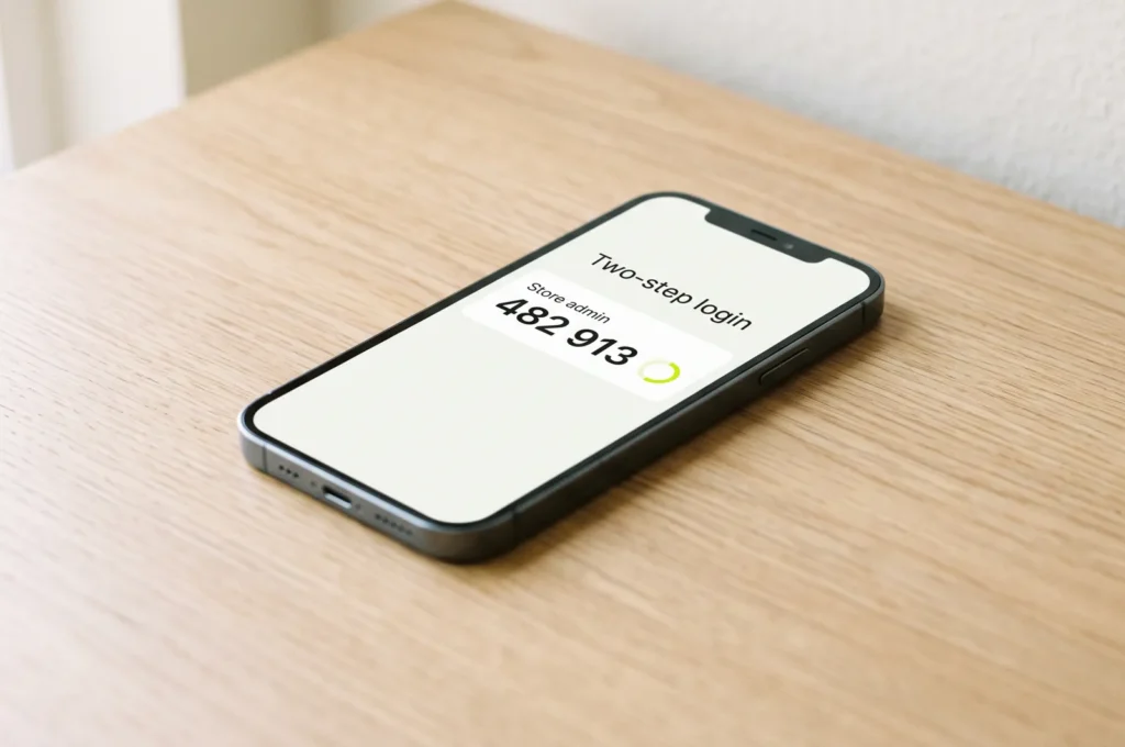A phone on a desk showing a two-step login code for a store admin