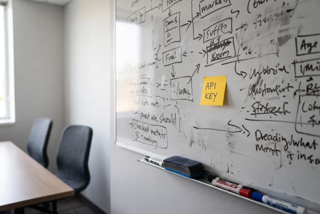 A meeting room whiteboard still covered in the last meeting's notes, with a yellow sticky note reading API KEY