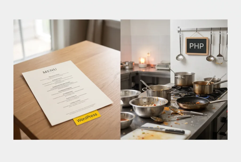 Split image: a tidy restaurant menu tagged WordPress, and a messy kitchen tagged PHP